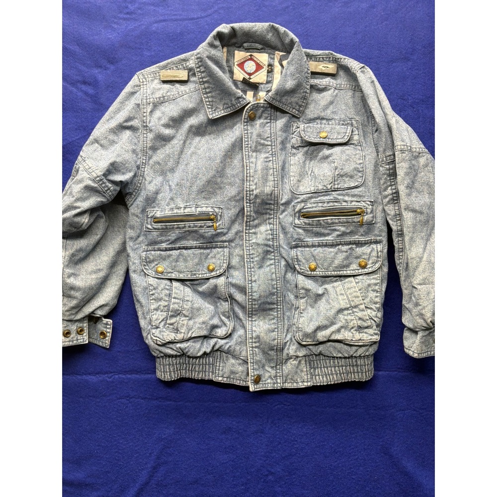 [Utility] Mens Horizon Outerwear Denim Bomber Jacket M Light Blue Acid Wash‎